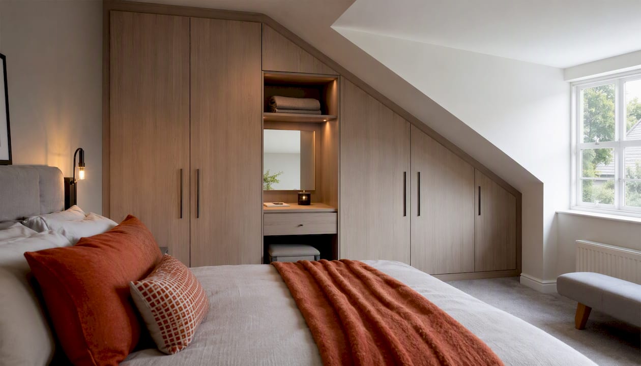 Bespoke loft fitted wardrobe under sloped ceiling