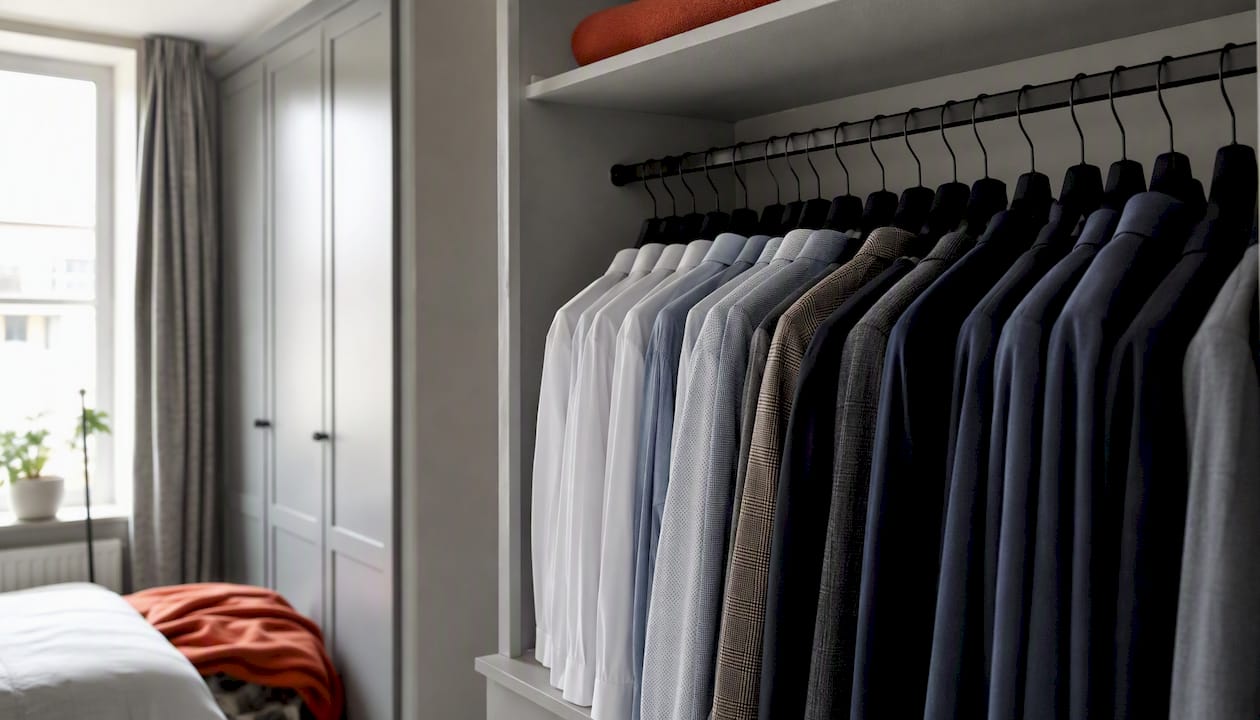 Slim velvet hangers arranged in shallow wardrobe