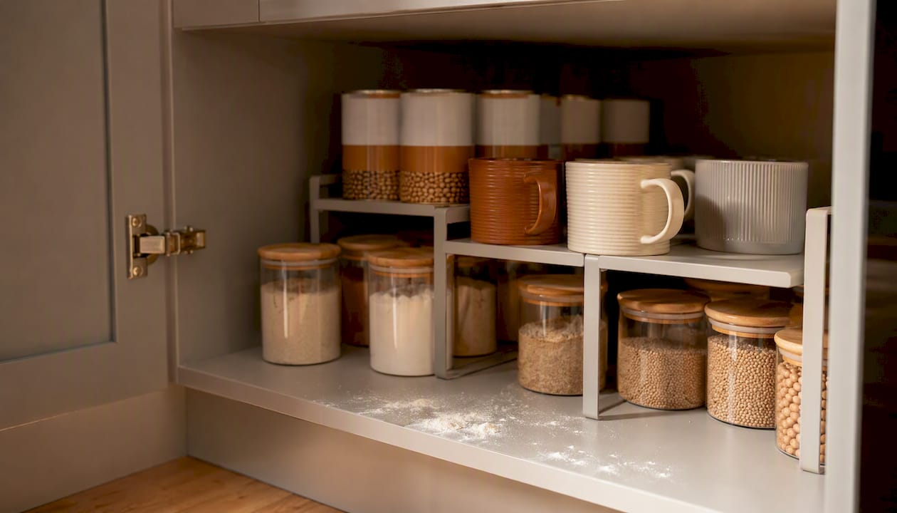 Kitchen cupboard with vertical shelf risers organising tins and mugs