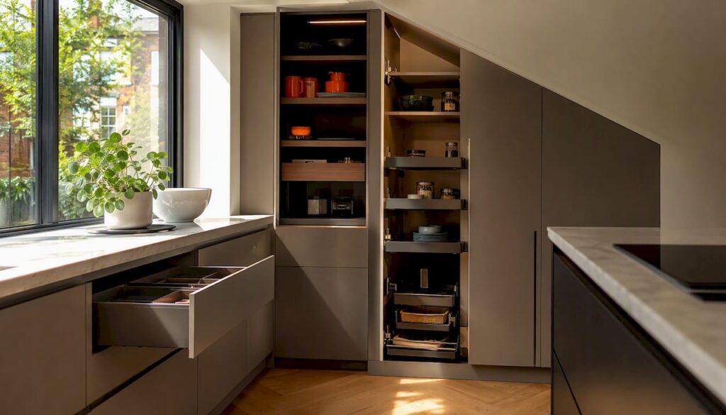 Bespoke fitted kitchen storage units in West London home