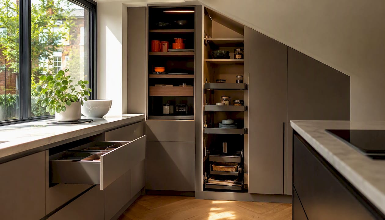 Bespoke fitted kitchen storage units in West London home