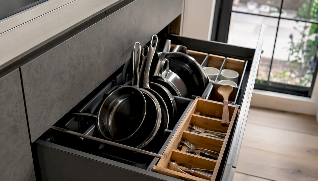 Kitchen drawer with upright pan storage and bamboo dividers