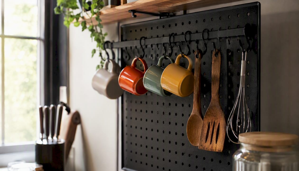 Kitchen corner with pegboard and hanging rail storage
