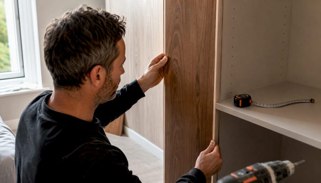Craftsman fitting veneer door on bespoke wardrobe