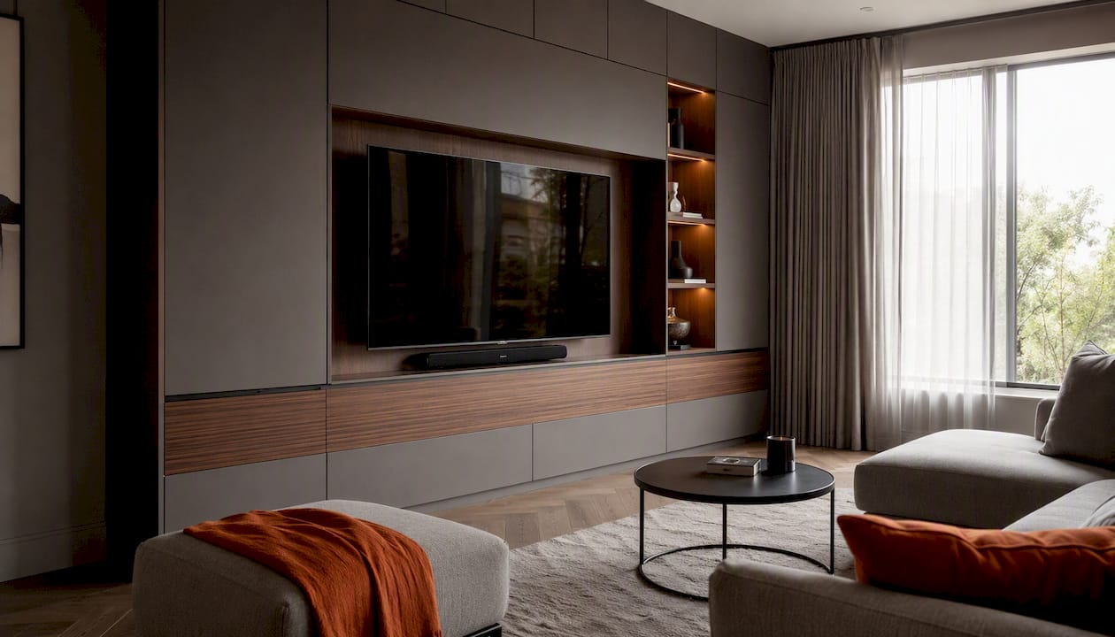 Laminate TV media wall with veneer strip detail