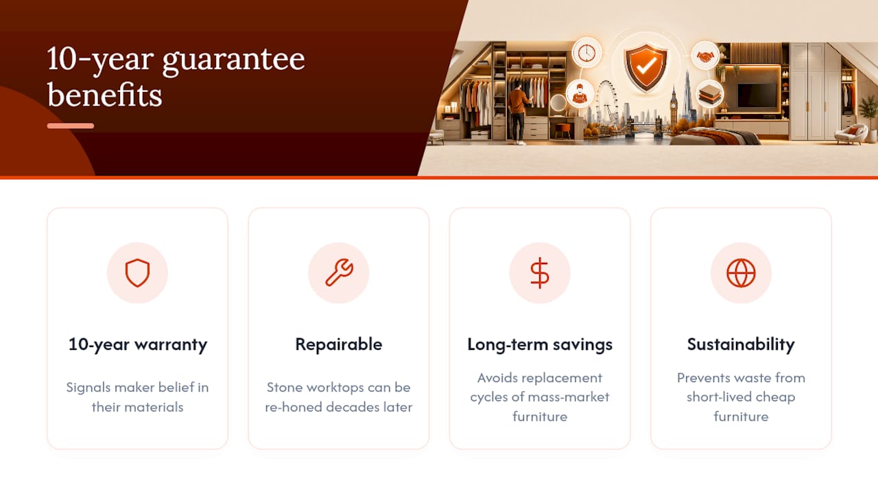 Diagram of 10-year warranty benefits on bespoke wardrobes