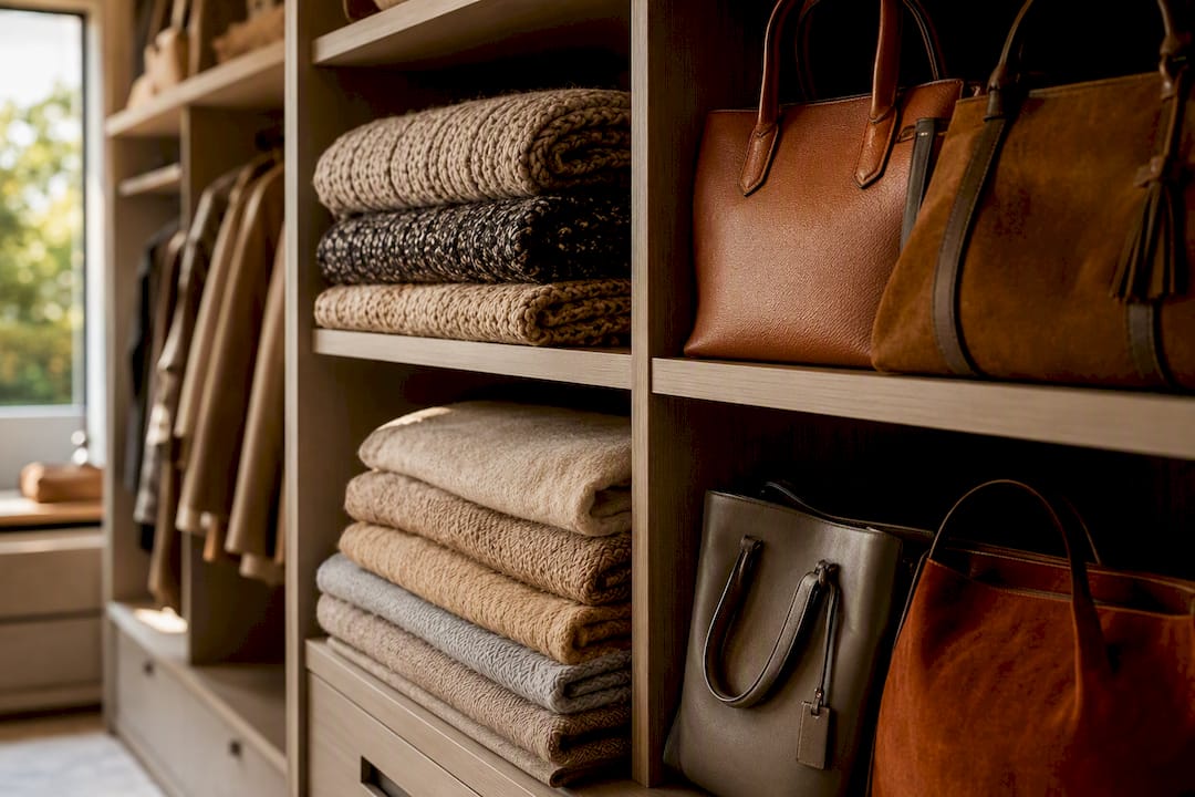 Wool blankets and leather bags in fitted wardrobe