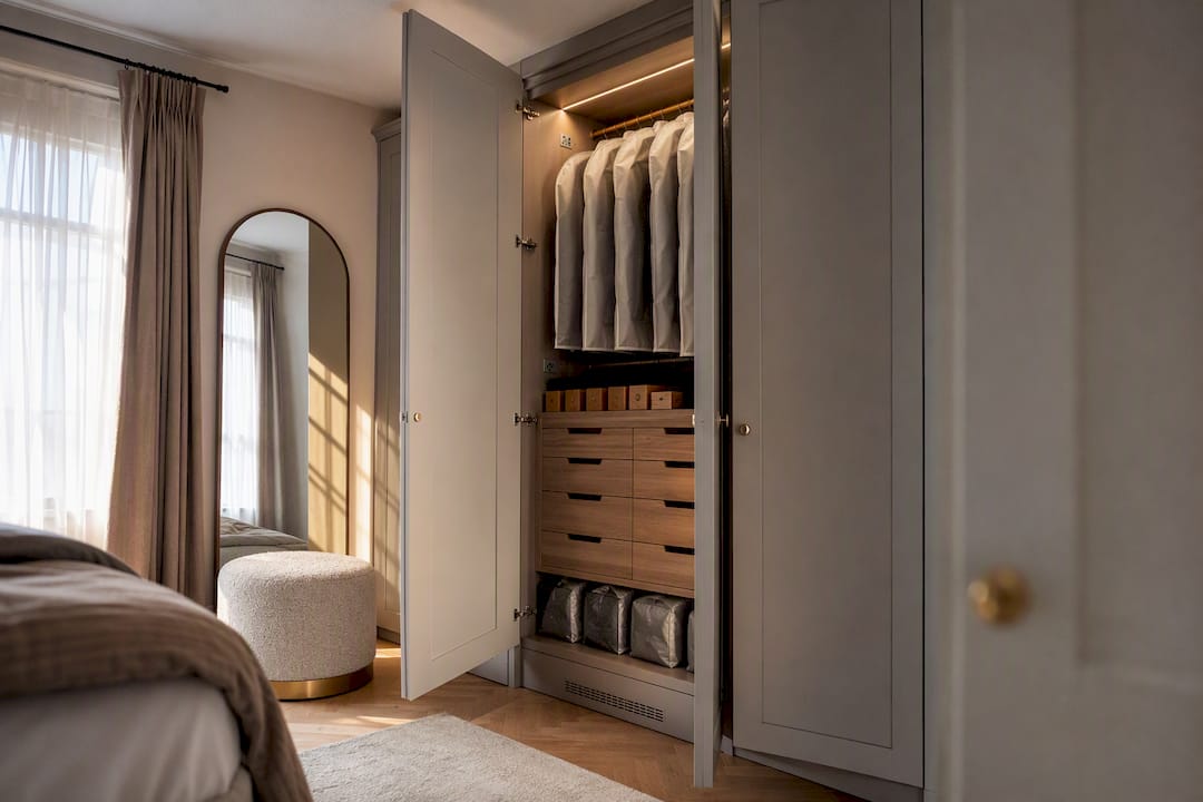 Bespoke fitted wardrobe with moth-proof storage