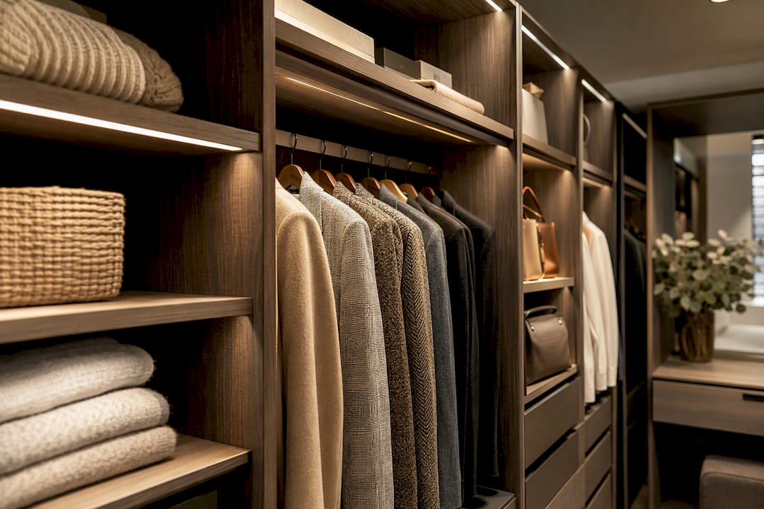 Fitted wardrobe interior showcasing lighting and cabinet depth