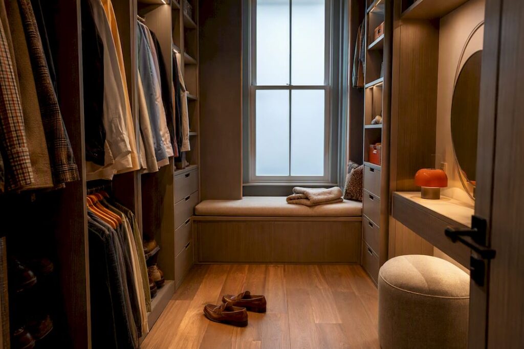 Bespoke walk-in wardrobe corner with bench