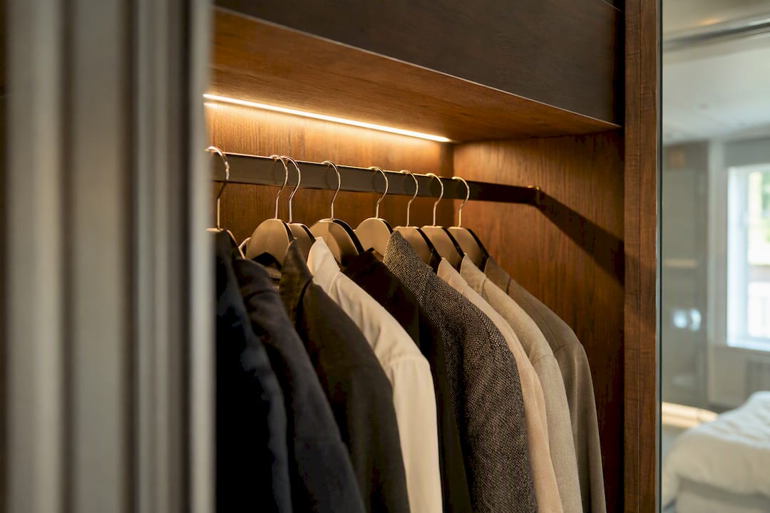 Close-up of wardrobe main run hanger clearance