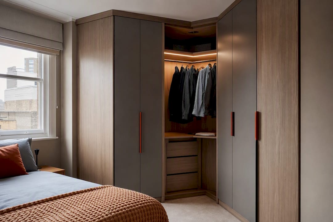 Beside view of bespoke L-shaped fitted wardrobe in bedroom corner