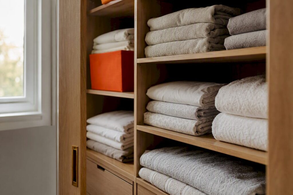Organized bespoke linen closet with folded towels