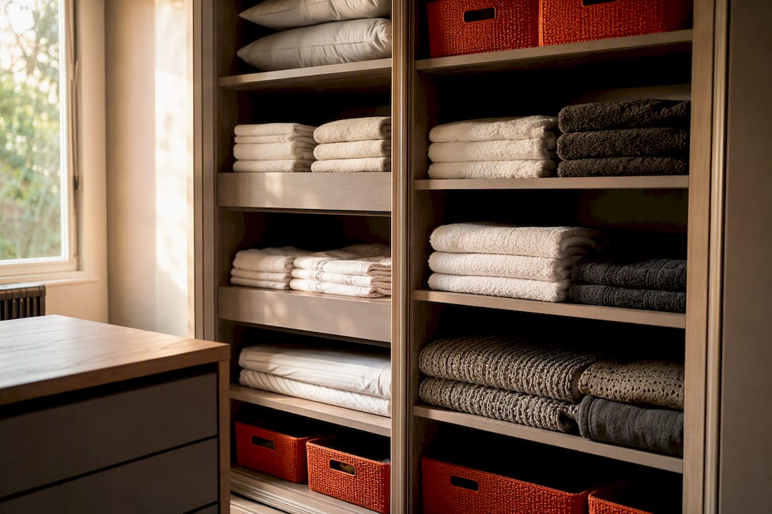 Bespoke linen closet shelves with organized zoning