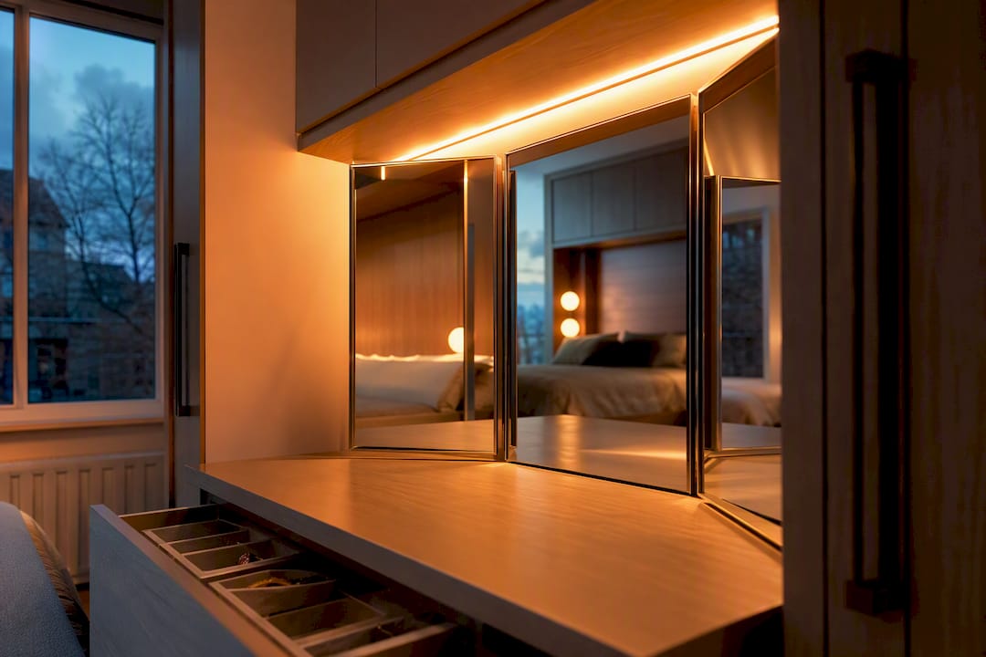 Tri-fold mirror with integrated LED lighting