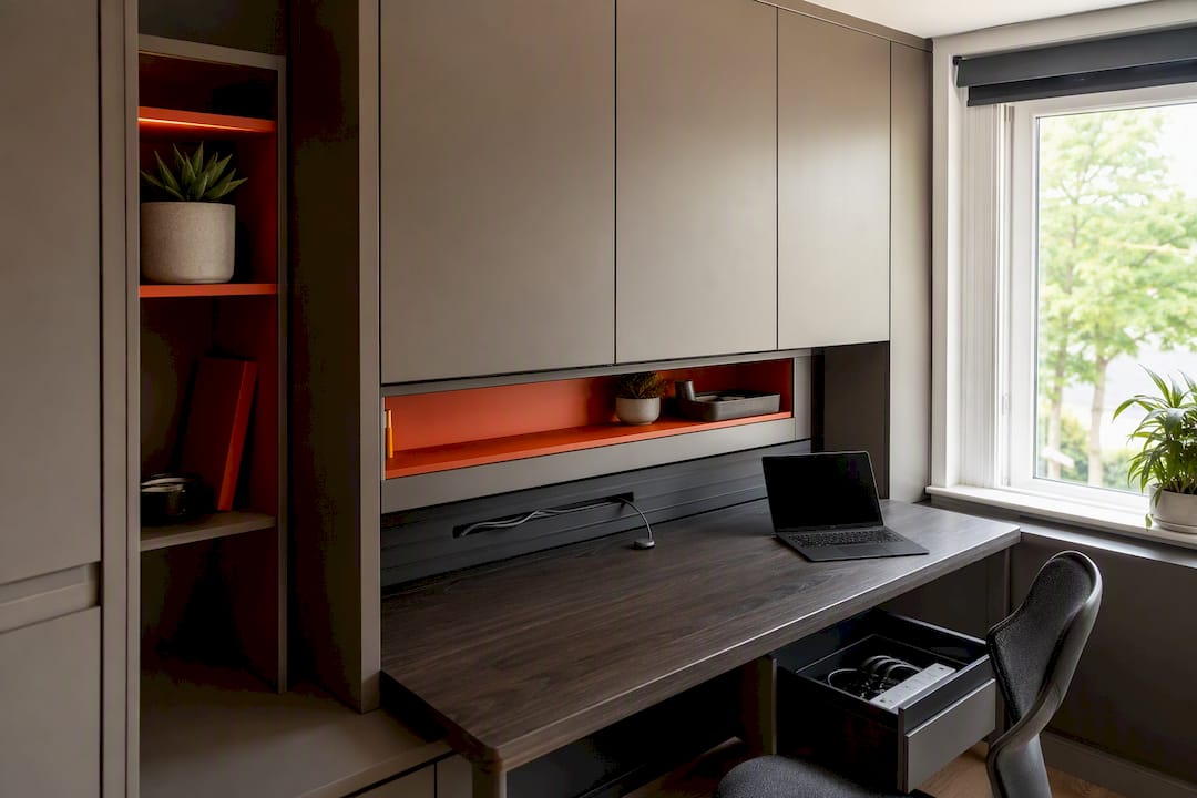 Neatly hidden office cables in bespoke fitted desk