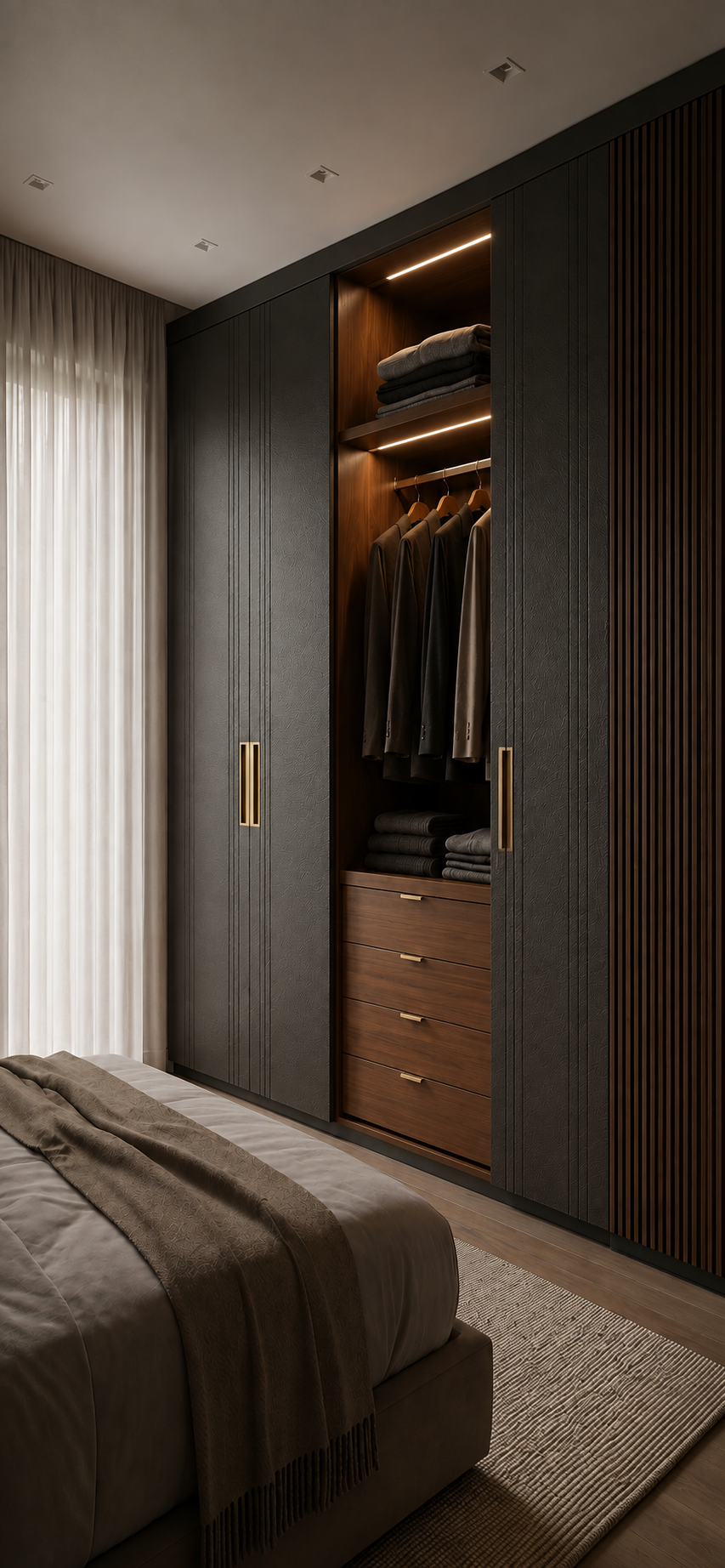 Bespoke fitted wardrobe in Kensington with dark textured doors, walnut wood interior, integrated LED lighting, and custom storage solutions.