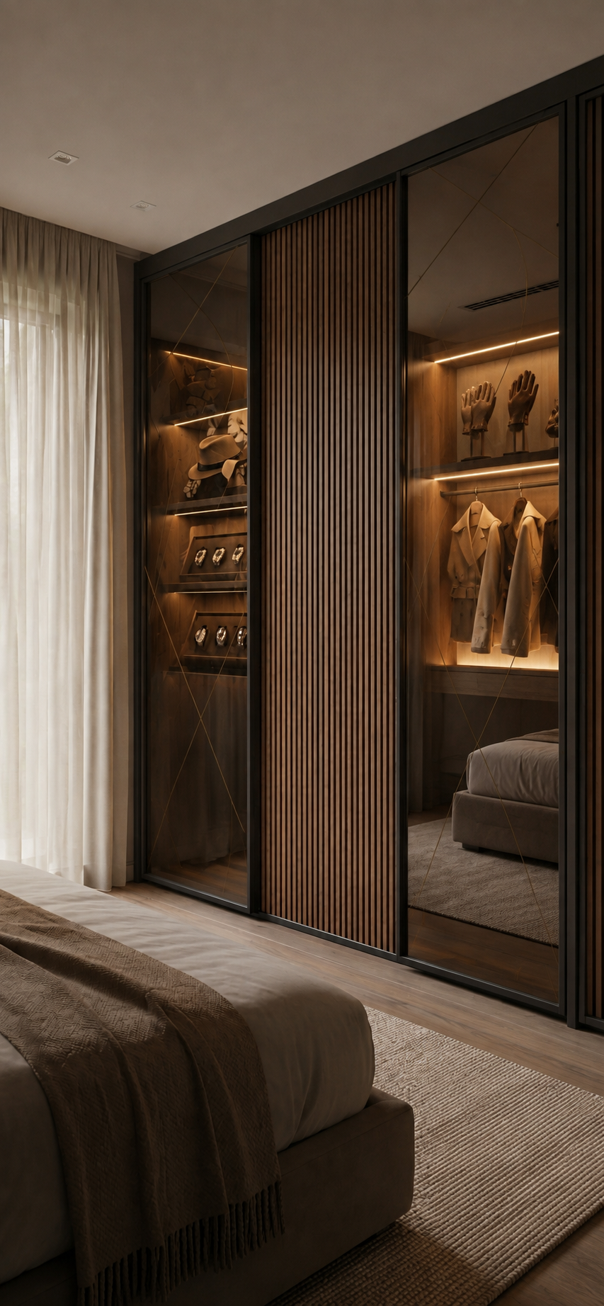 Contemporary fitted wardrobe in Kensington with textured charcoal doors, illuminated walnut interiors, brass accents, and integrated LED lighting.