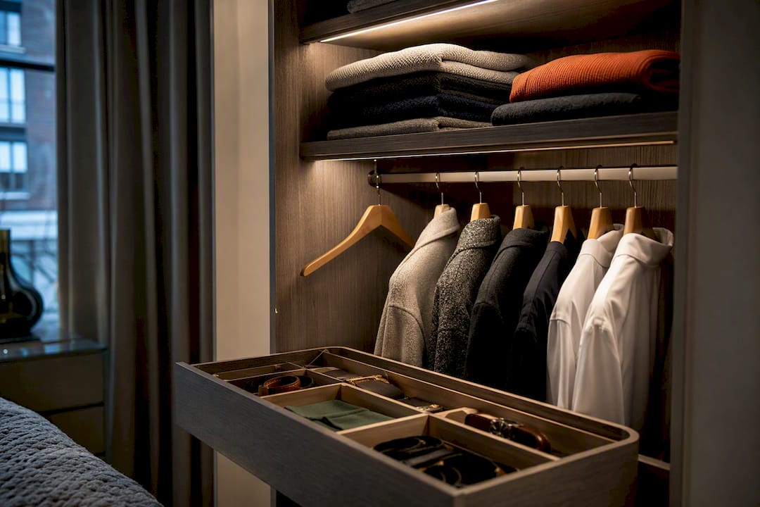 Bespoke wardrobe interior storage zones