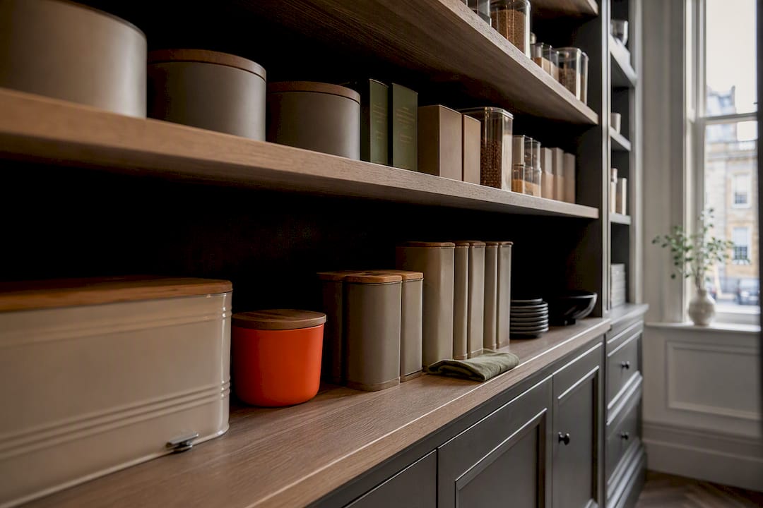 Bespoke pantry shelves showing practical depth