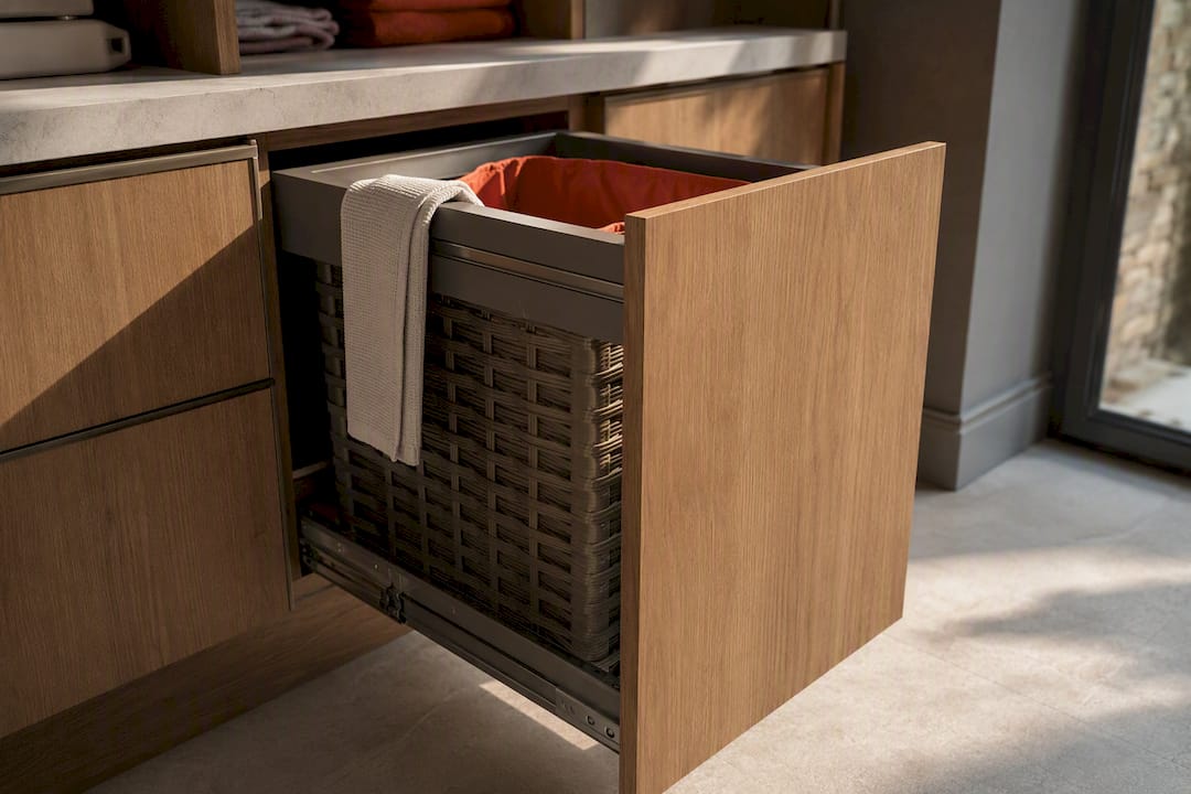 Integrated laundry hamper inside bespoke cabinet
