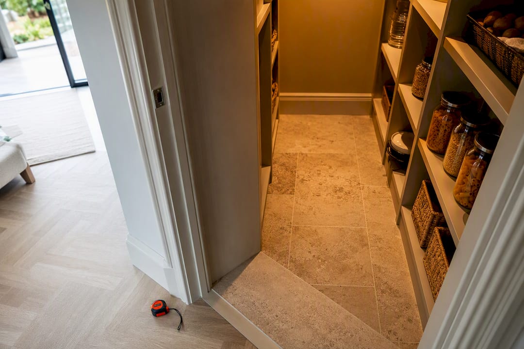 Walk-in pantry aisle with measured clearance