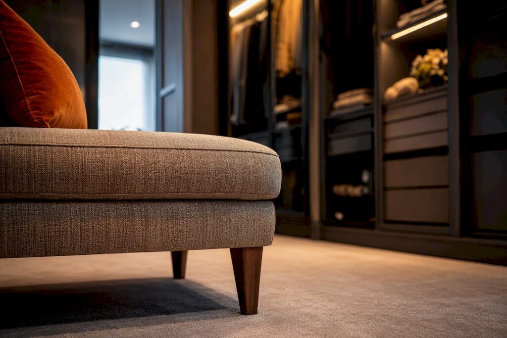 Dressing room seat beside fitted storage
