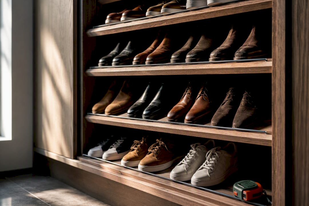 Angled shoe shelves in a London dressing room