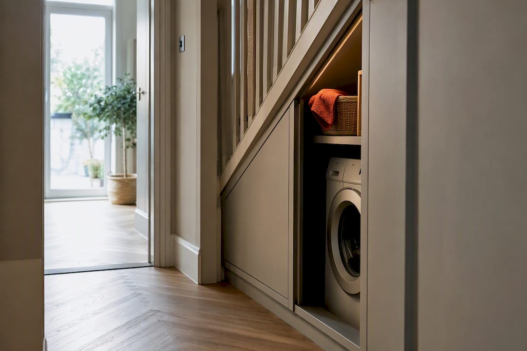 Under-stairs laundry cupboard in London home