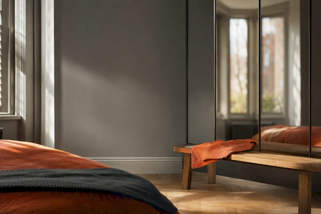 Cropped mirrored wardrobe doors in bedroom