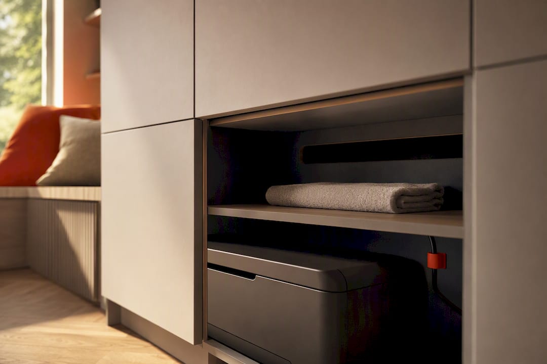 Hidden printer bay with visible ventilation gap