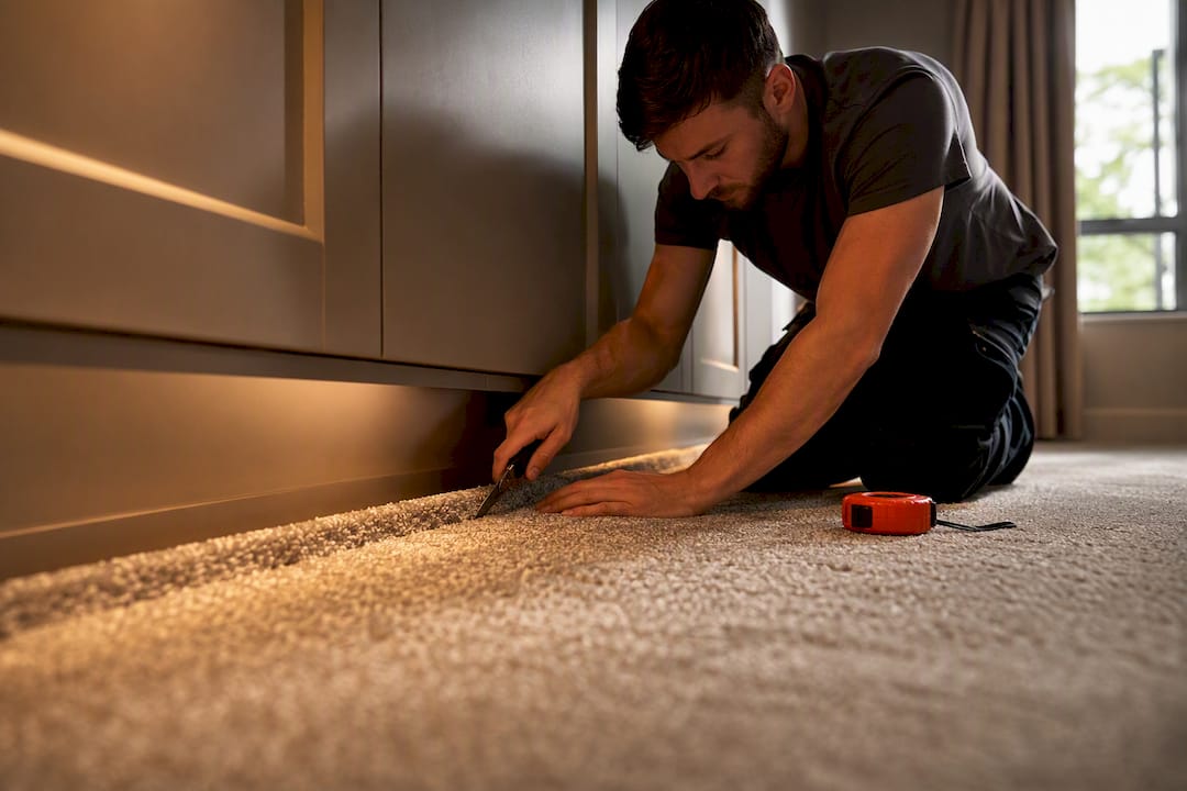 Carpet fitted around wardrobe plinth