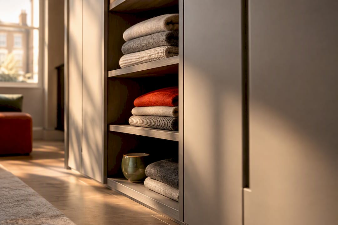 Open shelving beside enclosed cabinet storage