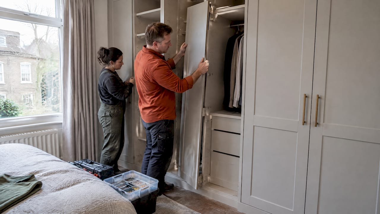 Fitters dismantling bespoke wardrobe panels