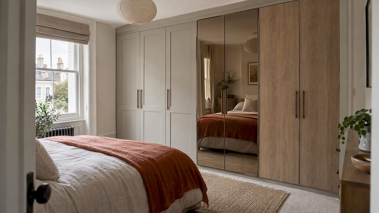 Modern bespoke wardrobe with tinted mirror doors