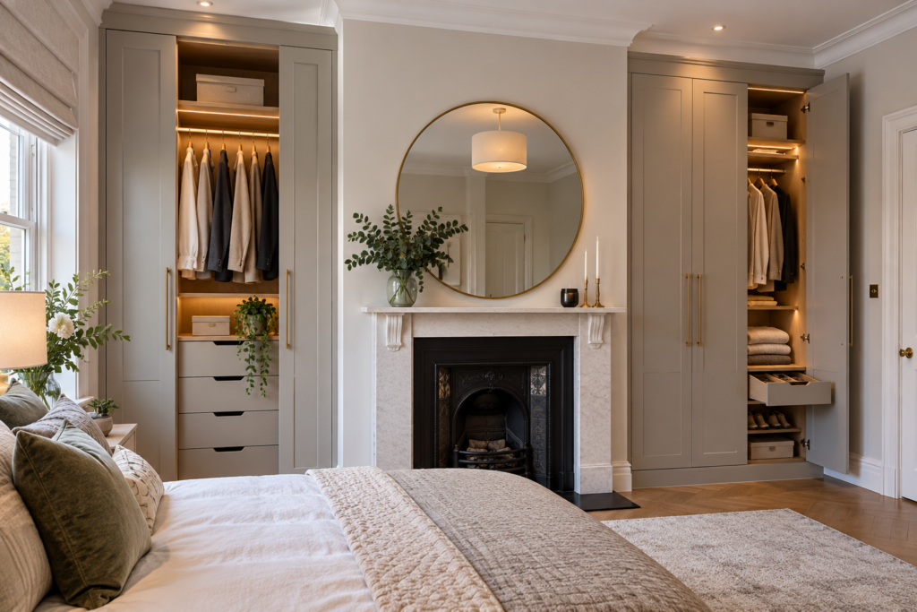 Bespoke fitted wardrobes using alcove space on both sides of a bedroom chimney breast.
