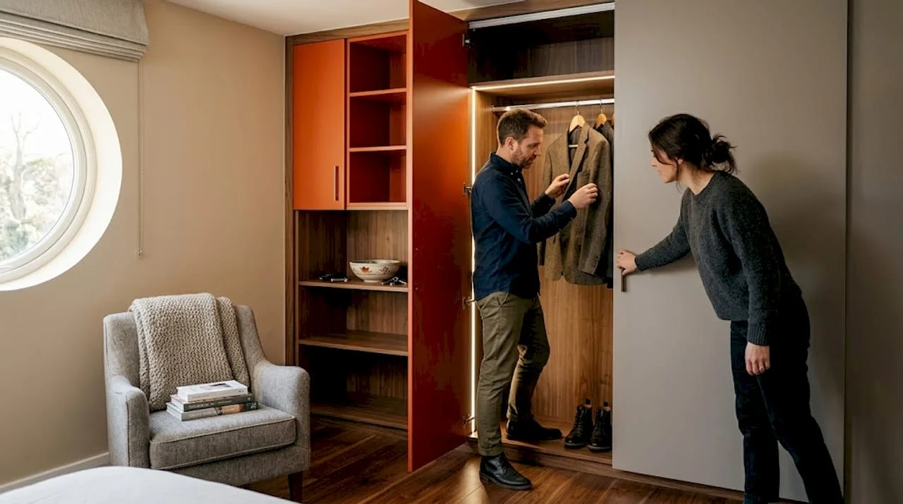Couple examining integrated wardrobe in bright bedroom