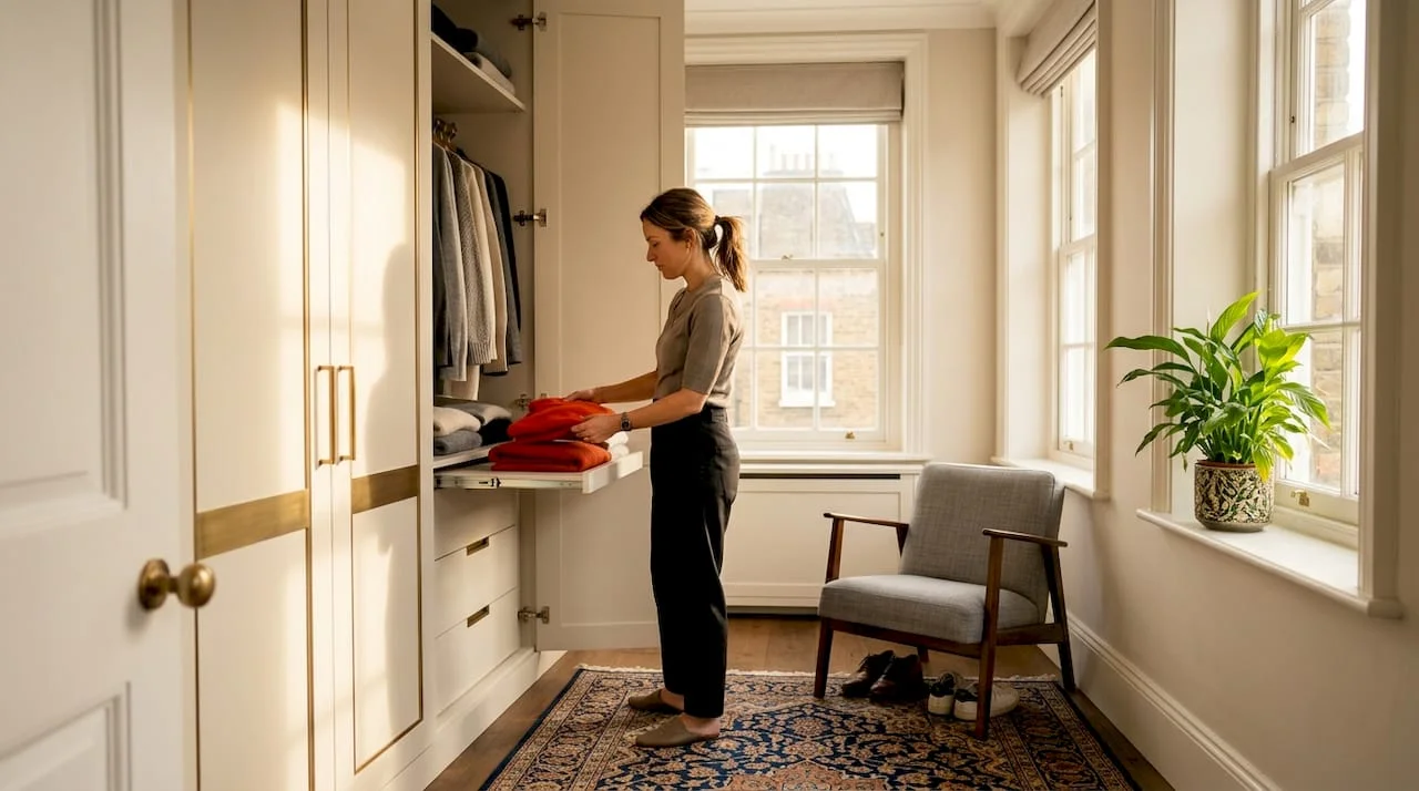 Homeowner using modern designer wardrobe in bedroom