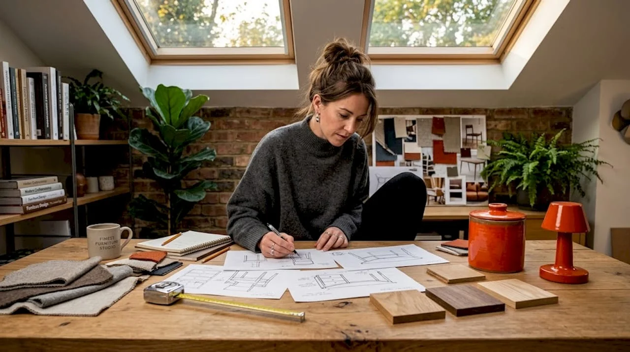 Designer reviewing furniture sketches in studio