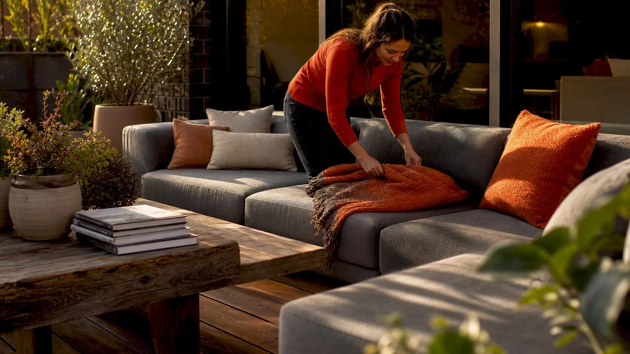Woman arranging cushions on sofa in modern living room
