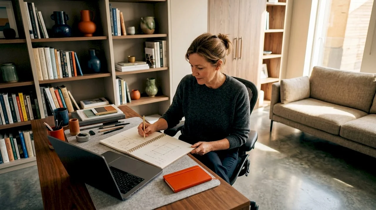 Woman taking notes in luxury furniture showroom