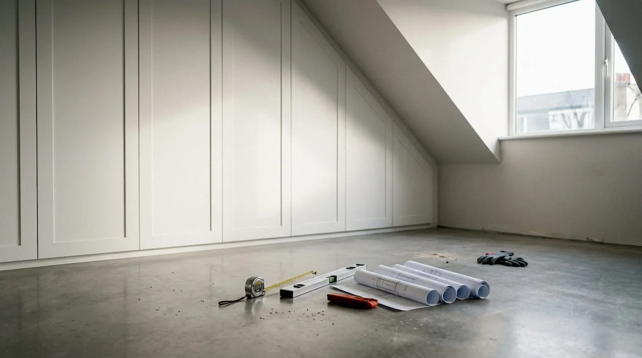 Loft bedroom with bespoke fitted wardrobes installation