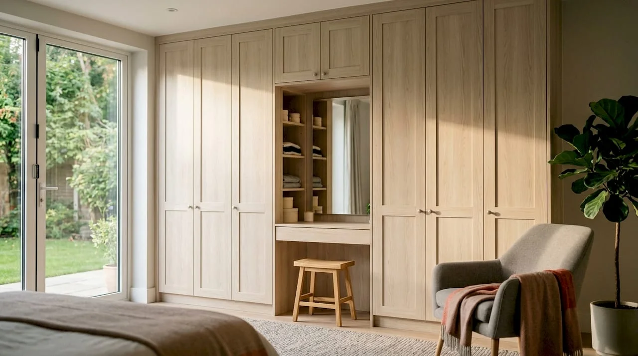 Bespoke fitted wardrobe with dressing table in London bedroom