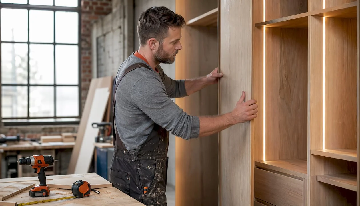 Cabinet maker installing bespoke wardrobe lighting