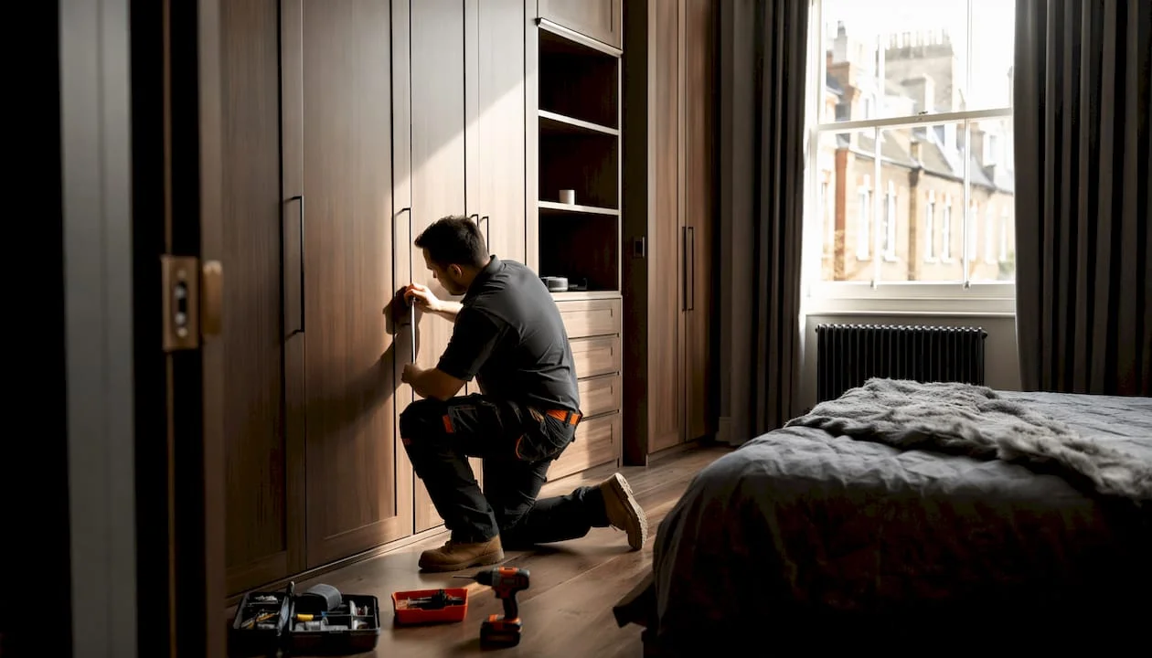 Installer fitting bespoke wall-to-wall wardrobe in London bedroom