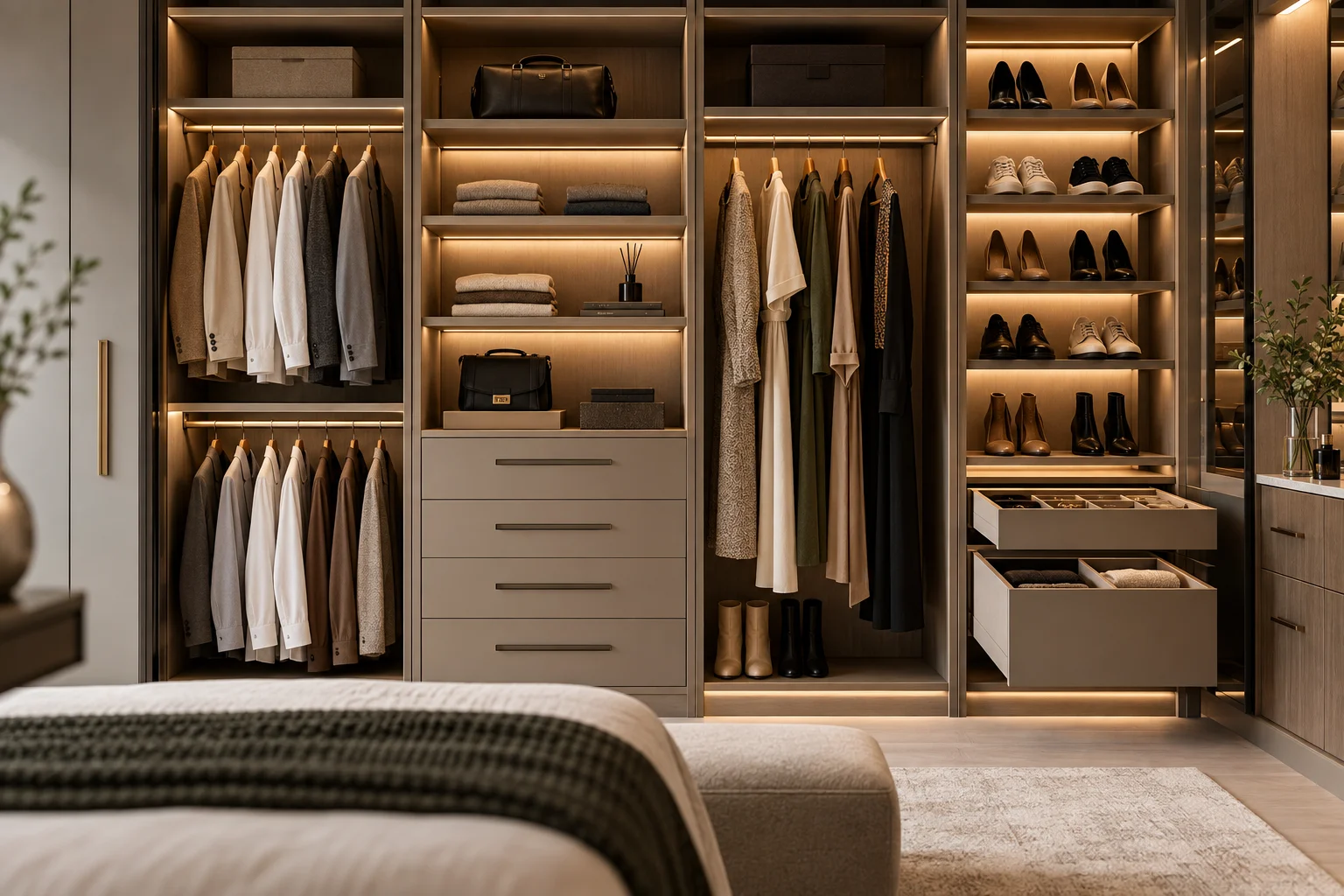 Bespoke wardrobe interior with drawers, hanging rails, shoe storage and integrated LED lighting